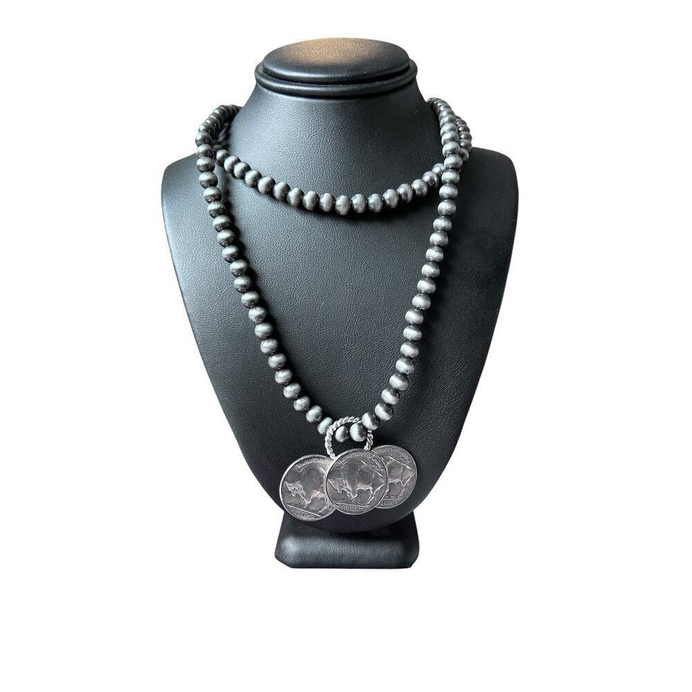 3 Buffalo Nickel Pendent On 2 Strand Western Beaded 6mm Necklace With Extender